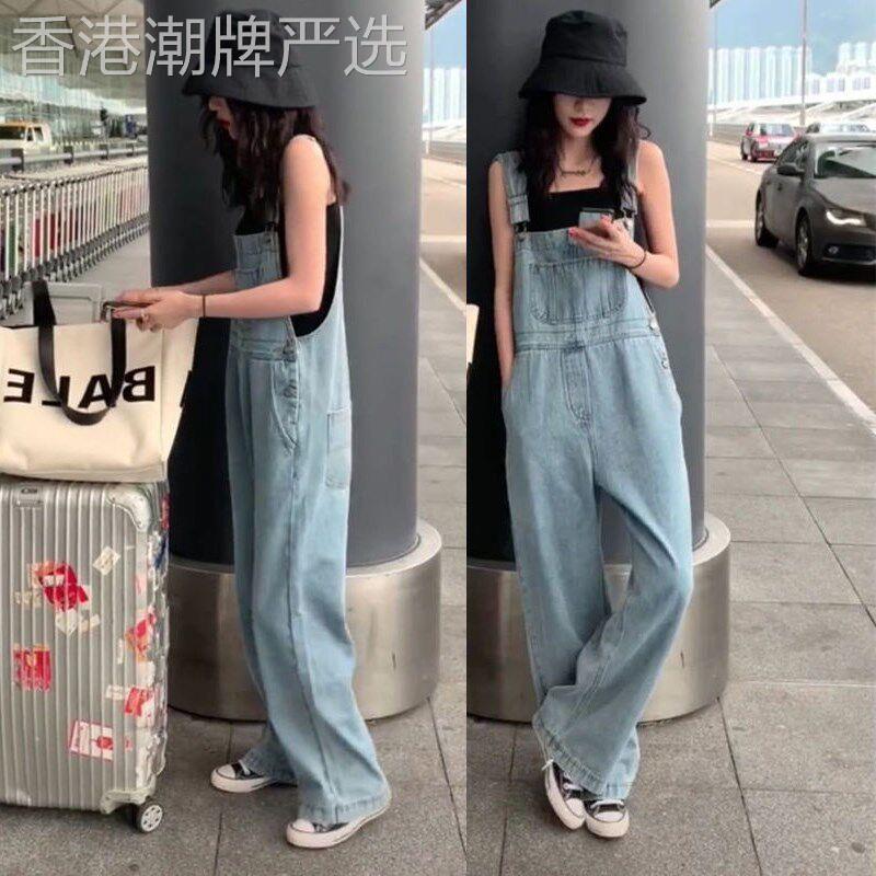 宽松大口袋牛仔背带裤女直筒显瘦春秋2026新款复古高腰阔腿牛仔裤