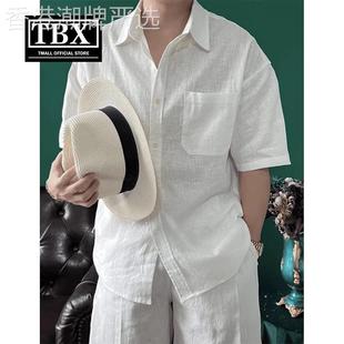 高端老钱风亚麻短袖衬衫男士休闲套装2025新款夏季棉麻料短裤男款