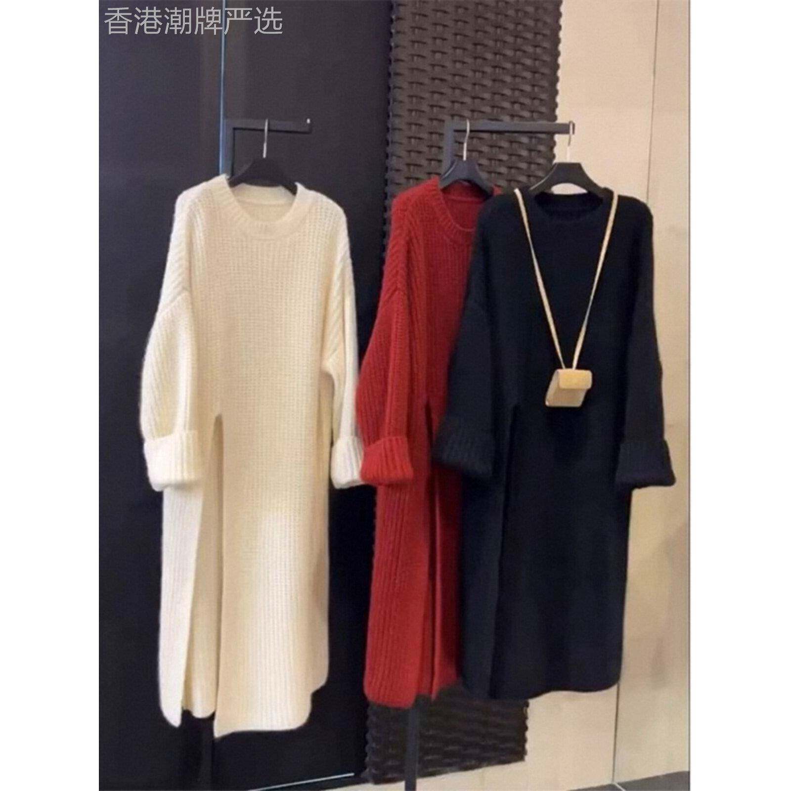 针织连衣裙女士秋冬季欧货中长款毛衣裙不规则侧开叉内搭过膝长裙