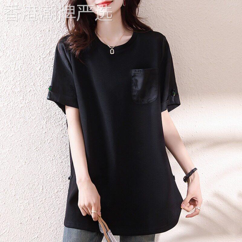 中国风盘扣侧开叉提花短袖T恤女夏季新款中长版宽松遮肚显瘦上衣