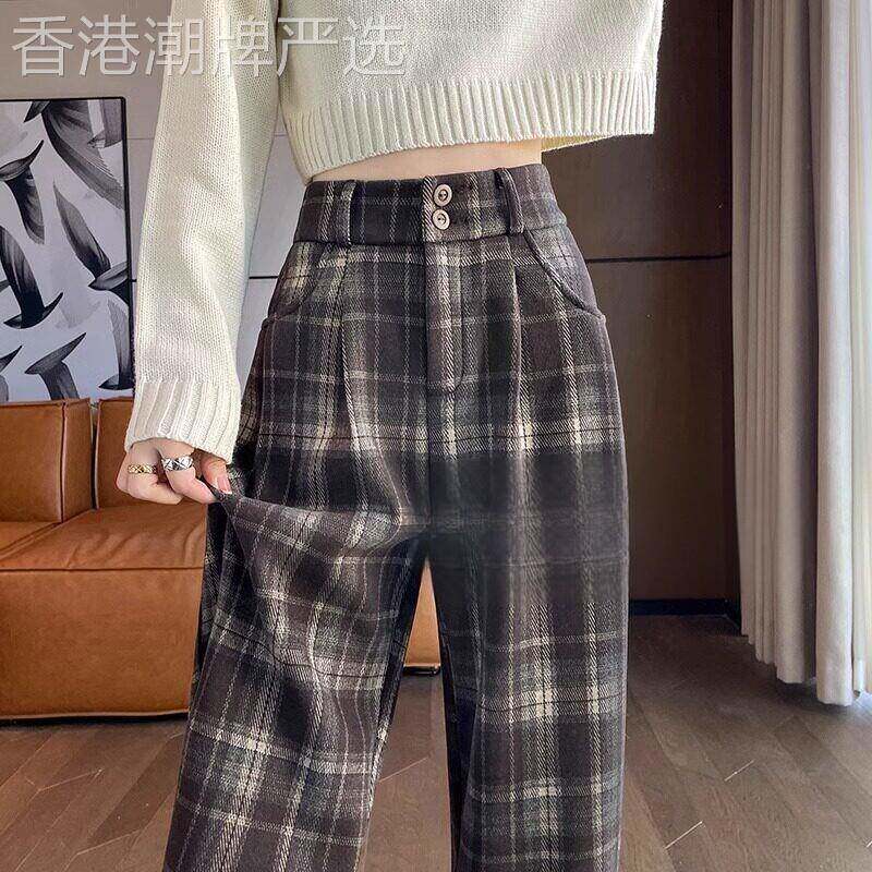 格子加绒毛呢裤子女秋冬高腰垂感直筒显瘦小个子休闲裤窄版阔腿裤