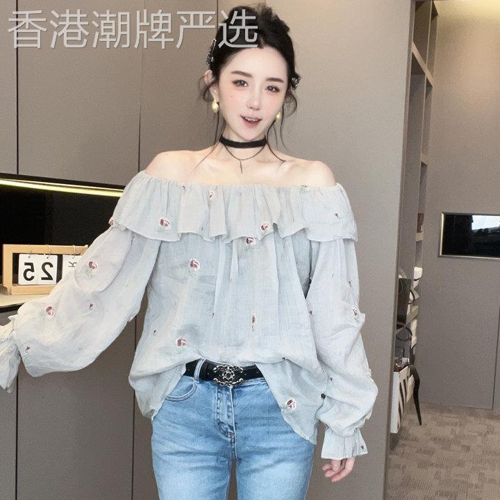 荷叶边一字领露肩衬衫花朵刺绣长袖衬衣女2026新款法式温柔风上衣