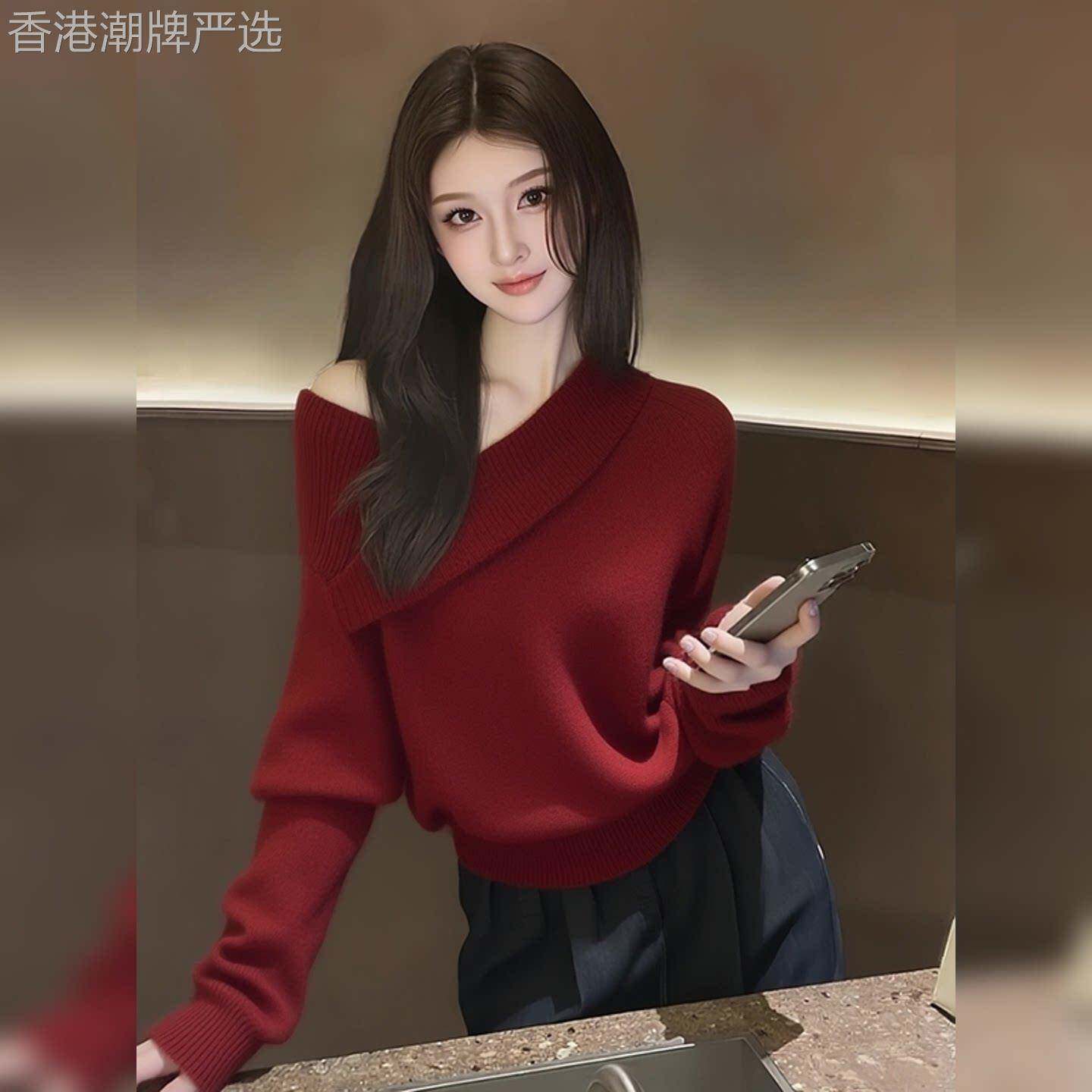 氛围感圣诞红色露肩长袖针织衫女2025秋冬新款不规则宽松软糯毛衣