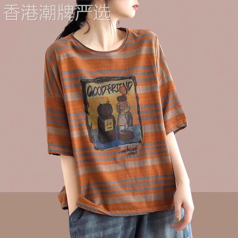 棉麻短袖t恤女夏季薄2026新款时尚洋派印花大尺码宽松显瘦圆领上