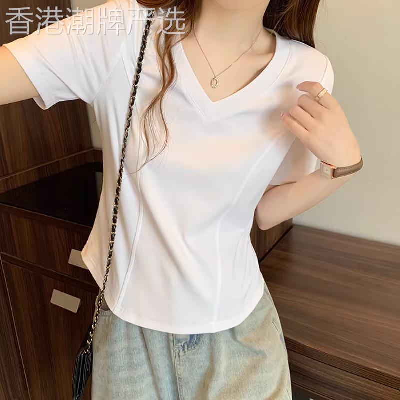 大码正肩V领白色短袖t恤打底衫女夏季微胖妹妹显瘦遮肚子百搭上衣