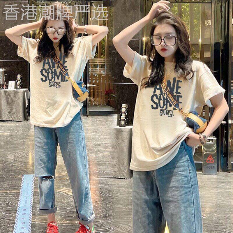 纯棉短袖t恤女夏季欧货字母印花宽松大尺码胖MM中长版半袖T恤上衣
