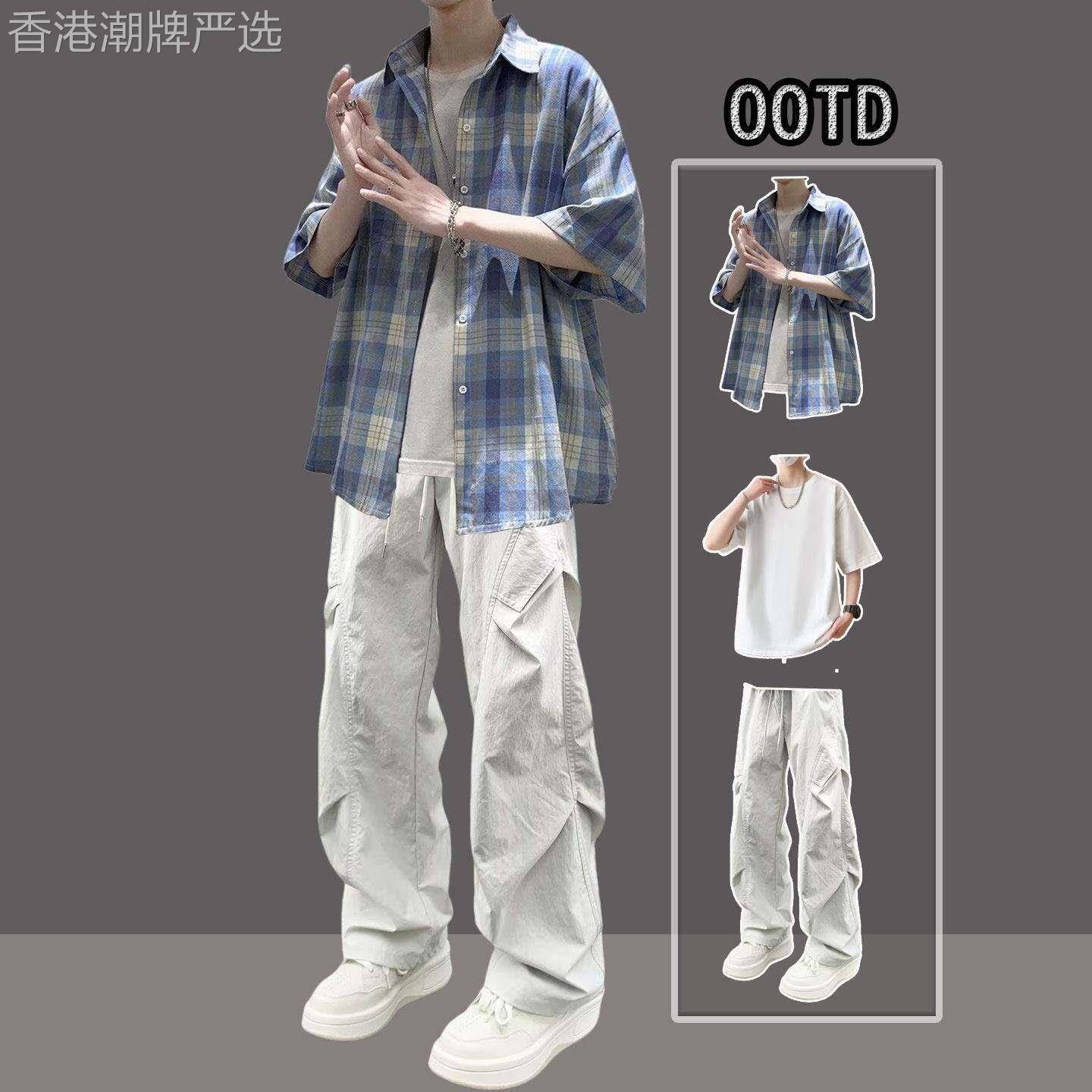 美式格子衬衫套装男夏季薄款潮牌宽松休闲短袖长裤男装穿搭一整套