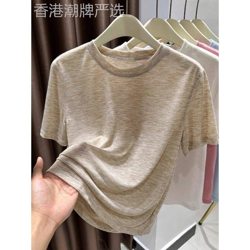 燕麦冰丝针织早秋女式短袖t恤新款轻质透气宽松微透视圆领半袖上