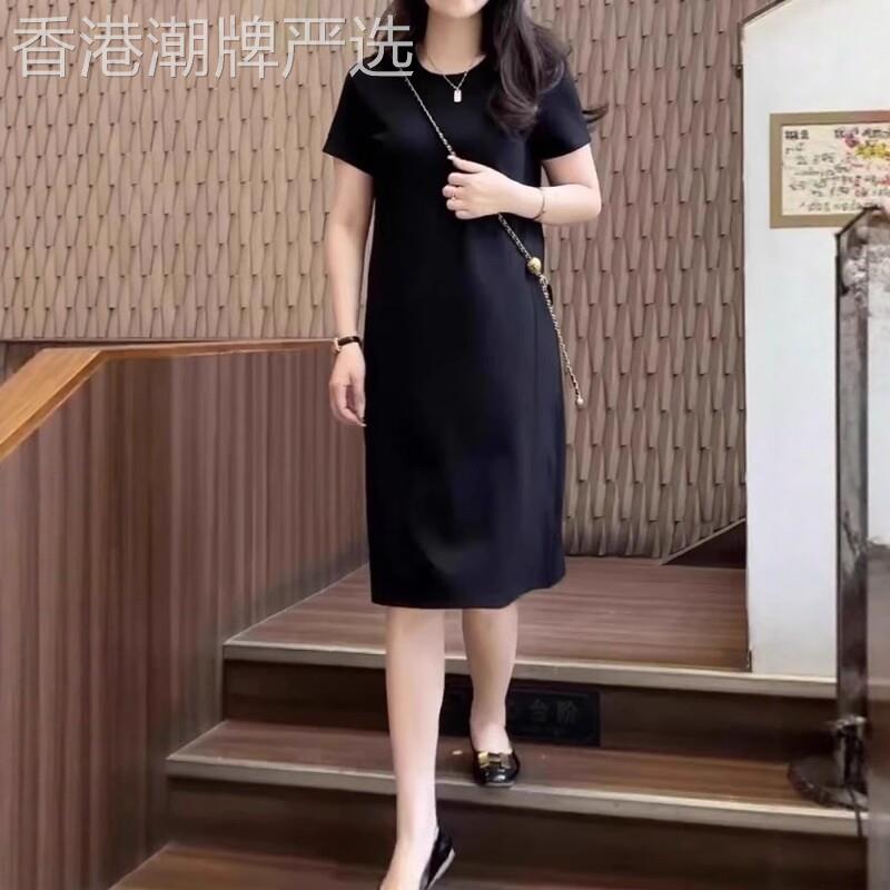 黑色短袖连衣裙女夏季2026新款高级感气质宽松垂感显瘦直筒t恤裙
