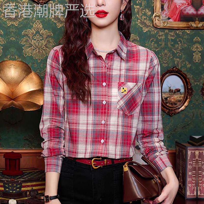 港风纯棉格子衬衫女长袖2025年春秋季新款宽松打底上衣polo领衬衣