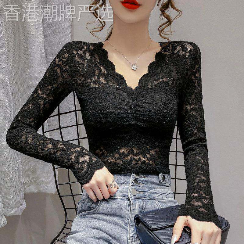 蕾丝底女衬衫春季和秋季2025新的时尚风格小衬衫修身内网切v领上