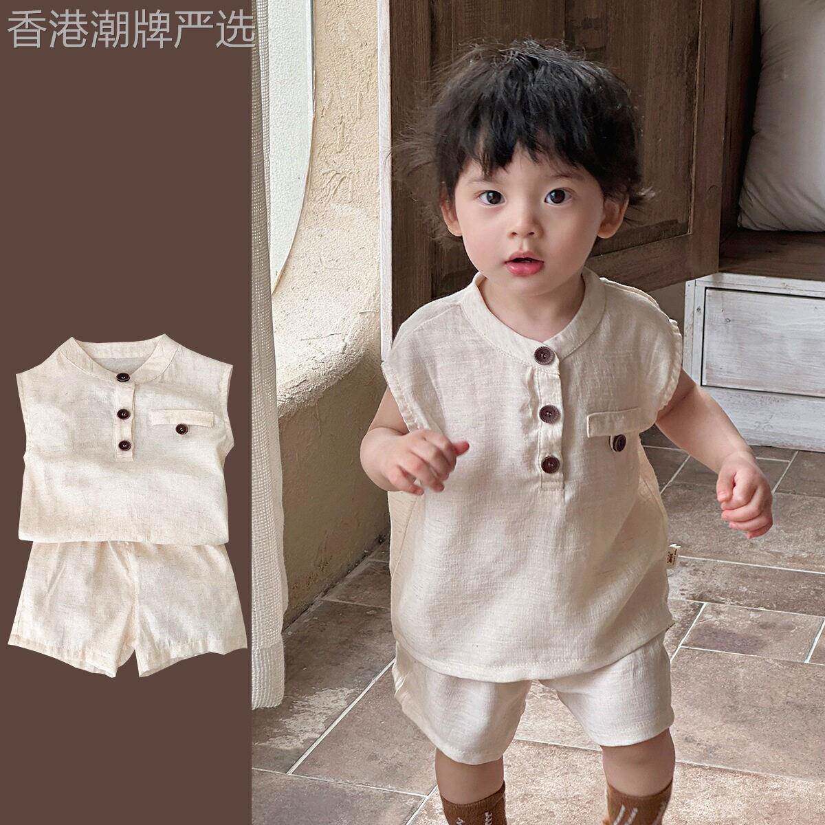 法国BADNUT婴儿夏季薄款套装棉麻两件套无袖外出服夏天两件式衣服