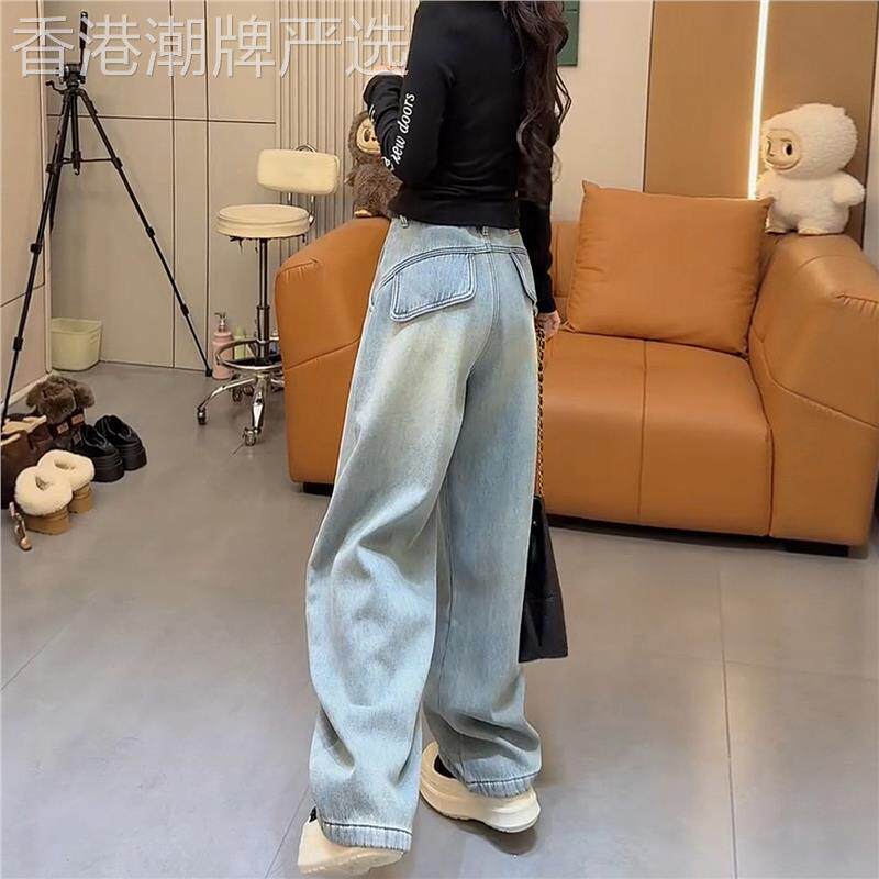 SPYB复古蓝色弯刀牛仔裤女秋冬加厚加绒小个子垂感显瘦高腰宽裤