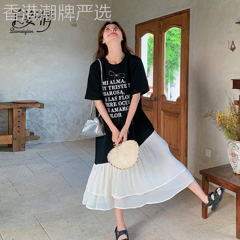 黑色T恤连衣裙女夏季2026新款韩系甜美超好看印花网纱拼接鱼尾裙