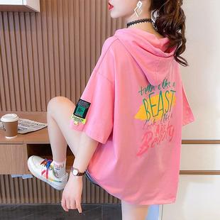 印花大码 韩国纯棉连帽t恤女短袖 时尚 2025年新款 宽松上衣ins潮 夏装