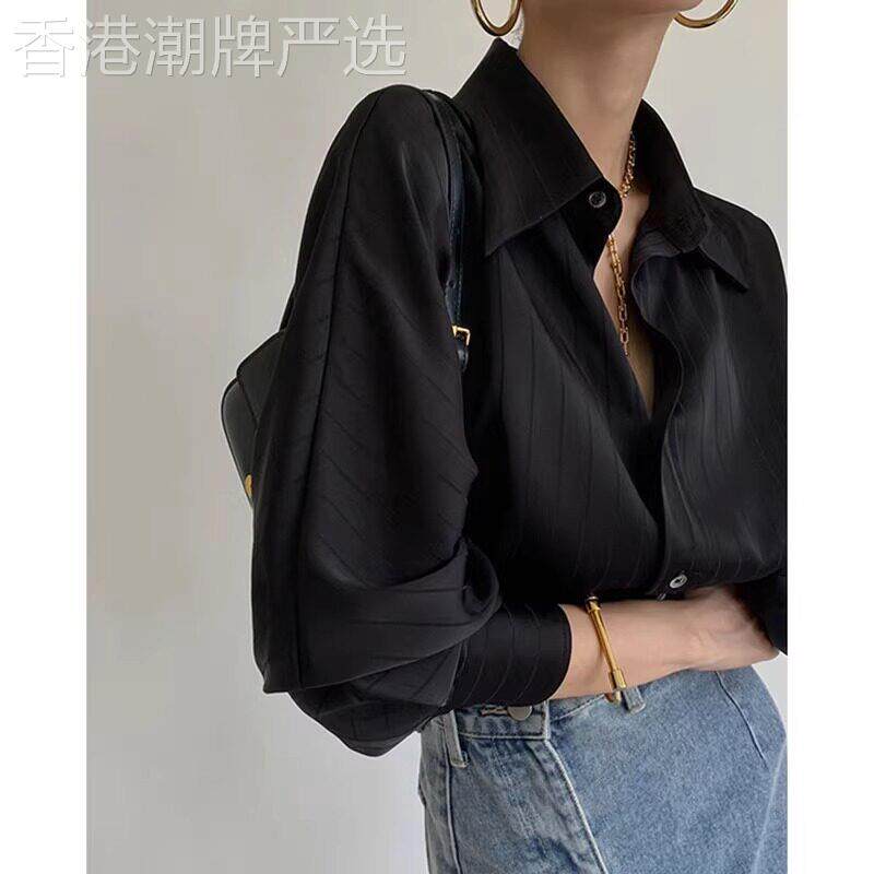 黑色长袖衬衫女2026新款春秋高级感轻奢减龄洋气醋酸缎面衬衣上衣