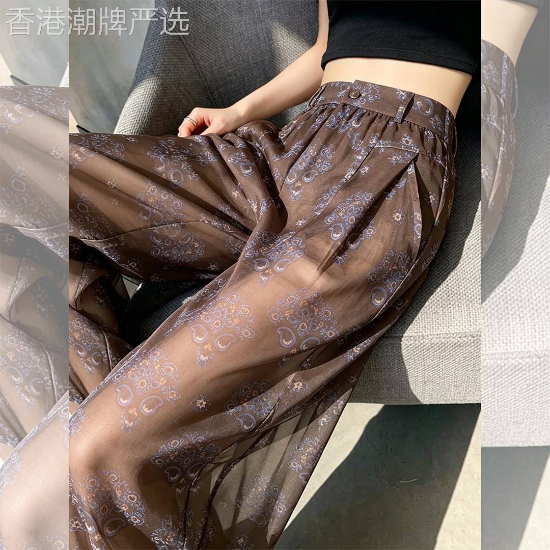 咖色碎花雪纺凉感冰丝休闲阔腿裤子女2026夏新款巨好看的直筒长裤