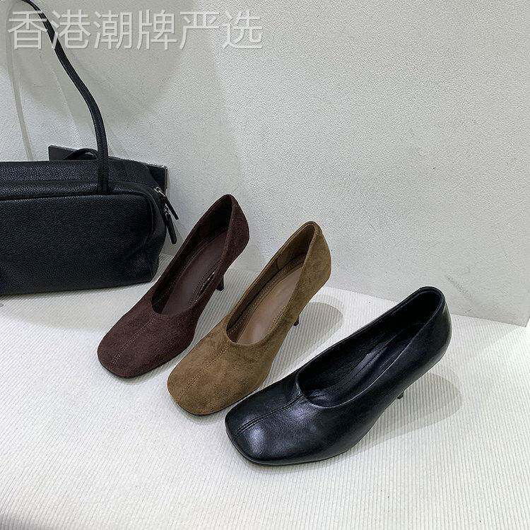 香港复古风方头浅口高跟鞋一脚蹬气质通勤单鞋女秋季新款法式女鞋