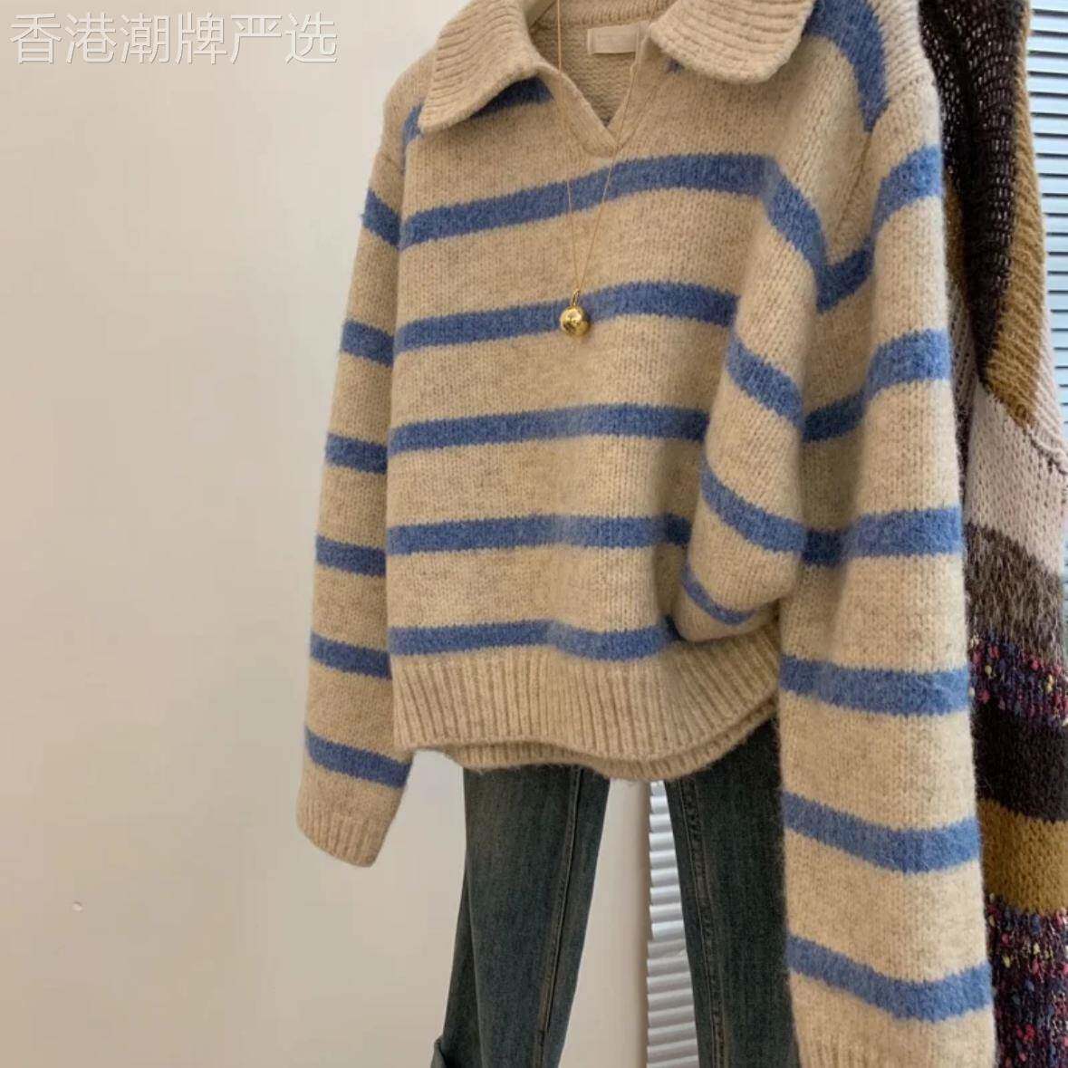 条纹毛衣女秋冬2025新款高级感小个子宽松慵懒风polo领针织衫上衣
