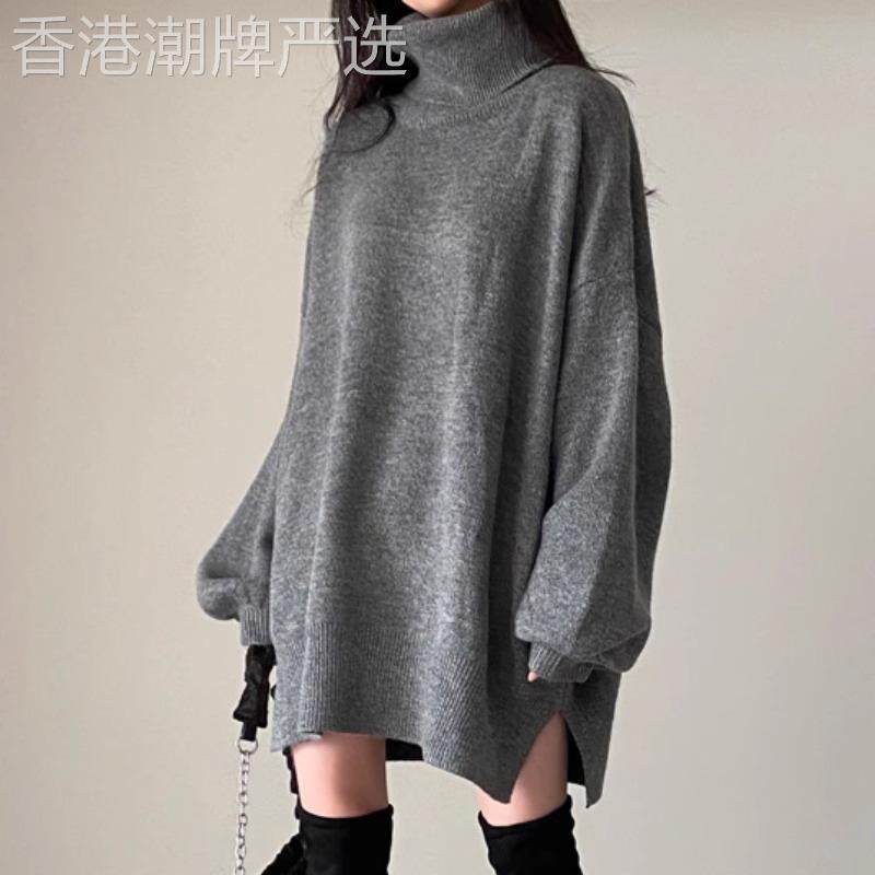 香港胖mm法式复古慵懒风高领毛衣女冬季外穿中长款长袖针织衫上衣