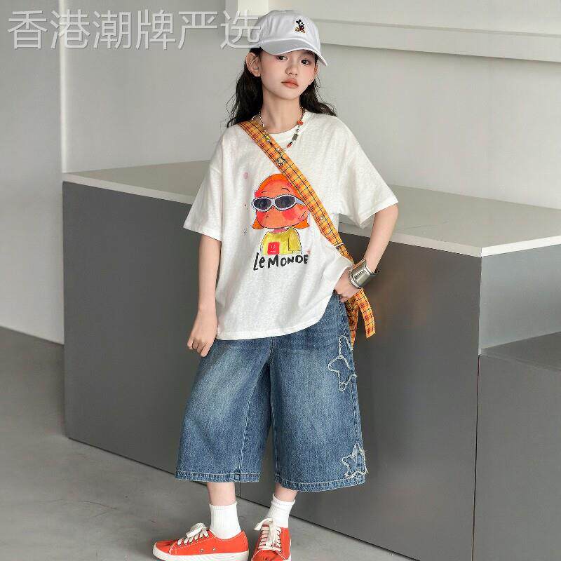 法国BADNUT女童休闲短袖T恤牛仔裤套装2026新款夏季大童七分裤子