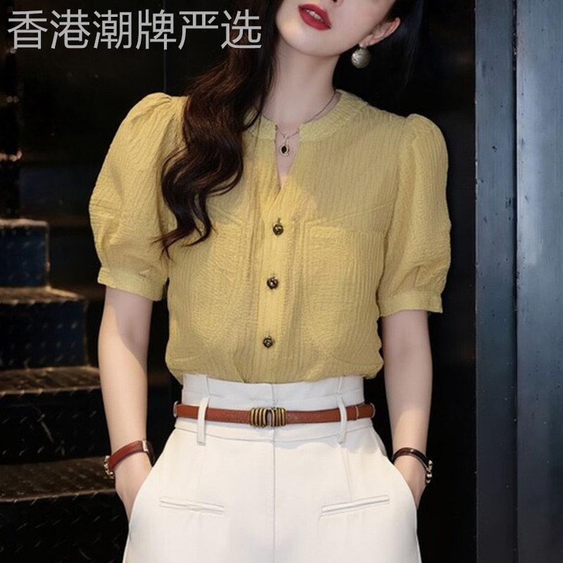 高级感短袖衬衫女新款夏季修身显瘦时尚百搭洋派减龄设计感上衣薄