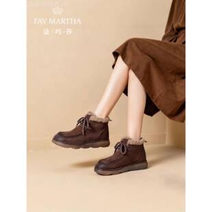 法玛莎棉鞋女冬外穿雪地靴2025冬季新款加绒加厚保暖真皮系带短靴