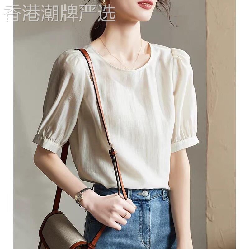 天丝短袖衬衫女夏季别致百搭简约时尚薄款套头圆领宽松衬衣女小衫