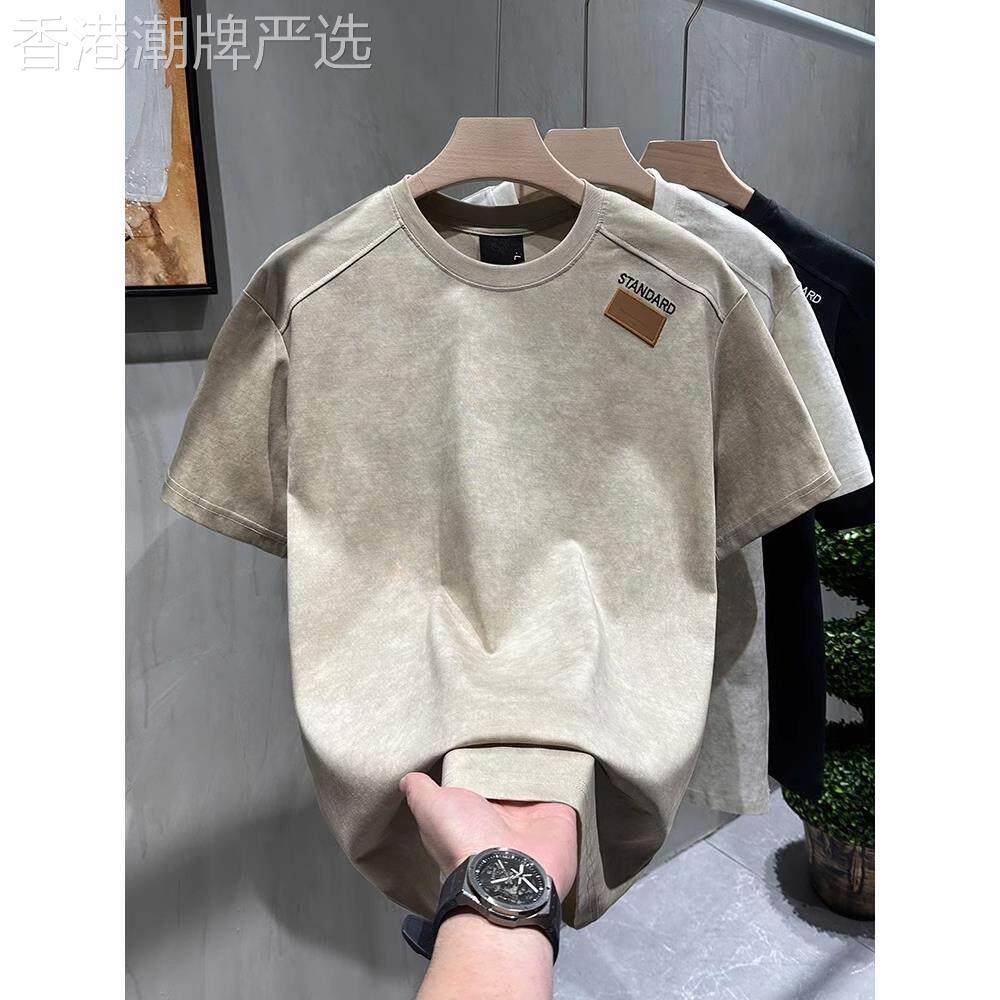 夏新款时尚潮流半袖男扎染设计感圆领短袖T恤简约百搭上衣口袋巾