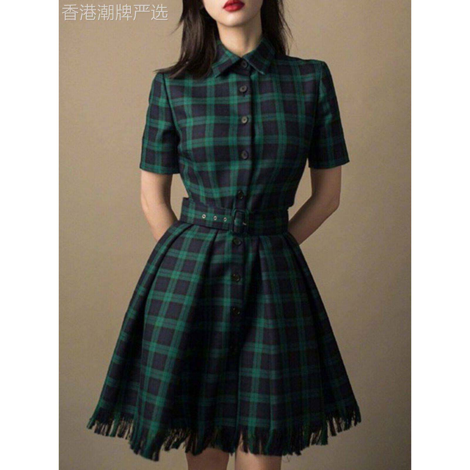 王子文同款港风覆古绿色格子连衣裙polo领女显白下摆毛边裙25早春