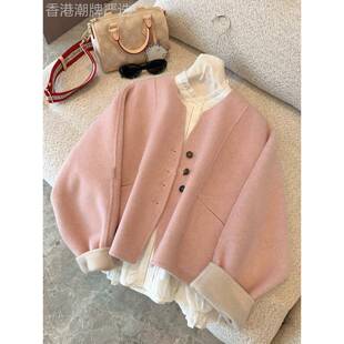 韩系粉色双面羊毛毛呢外套女2025秋季韩系温柔风气质短款呢子大衣