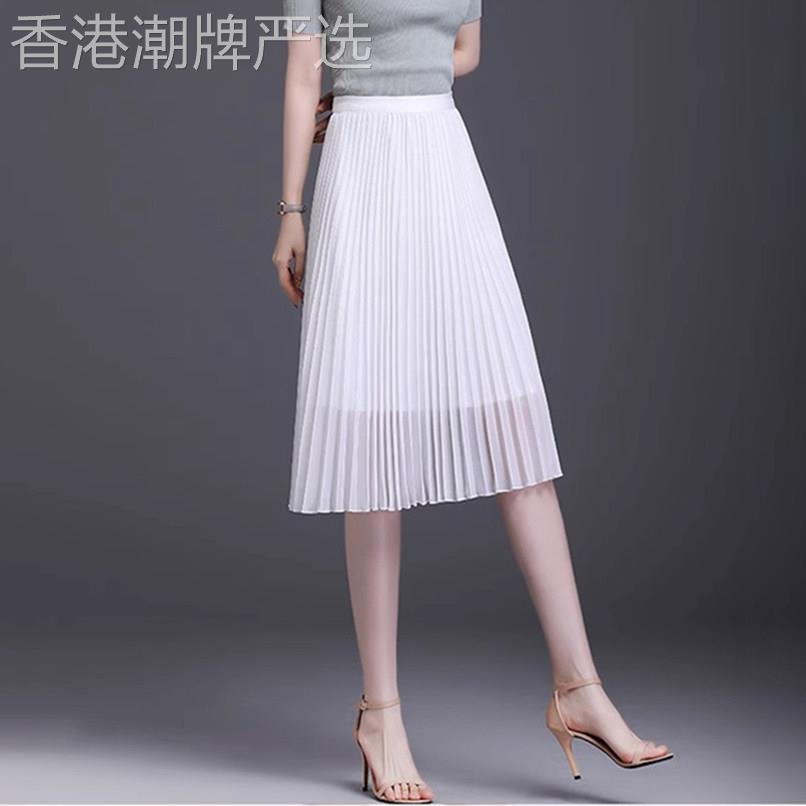 白色雪纺半身裙女2025年夏季新款高腰显瘦小个子中长款a字百褶裙