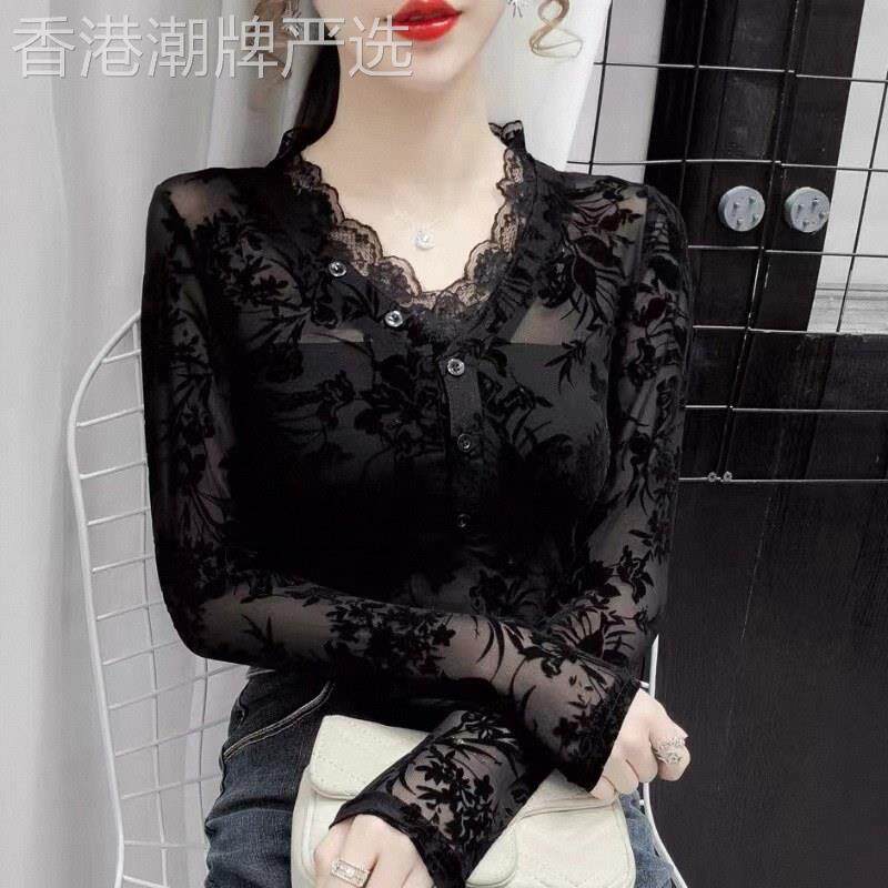 洋气性感网纱黑色V领打底衫女春秋欧货蕾丝长袖衬衫修身内搭上衣