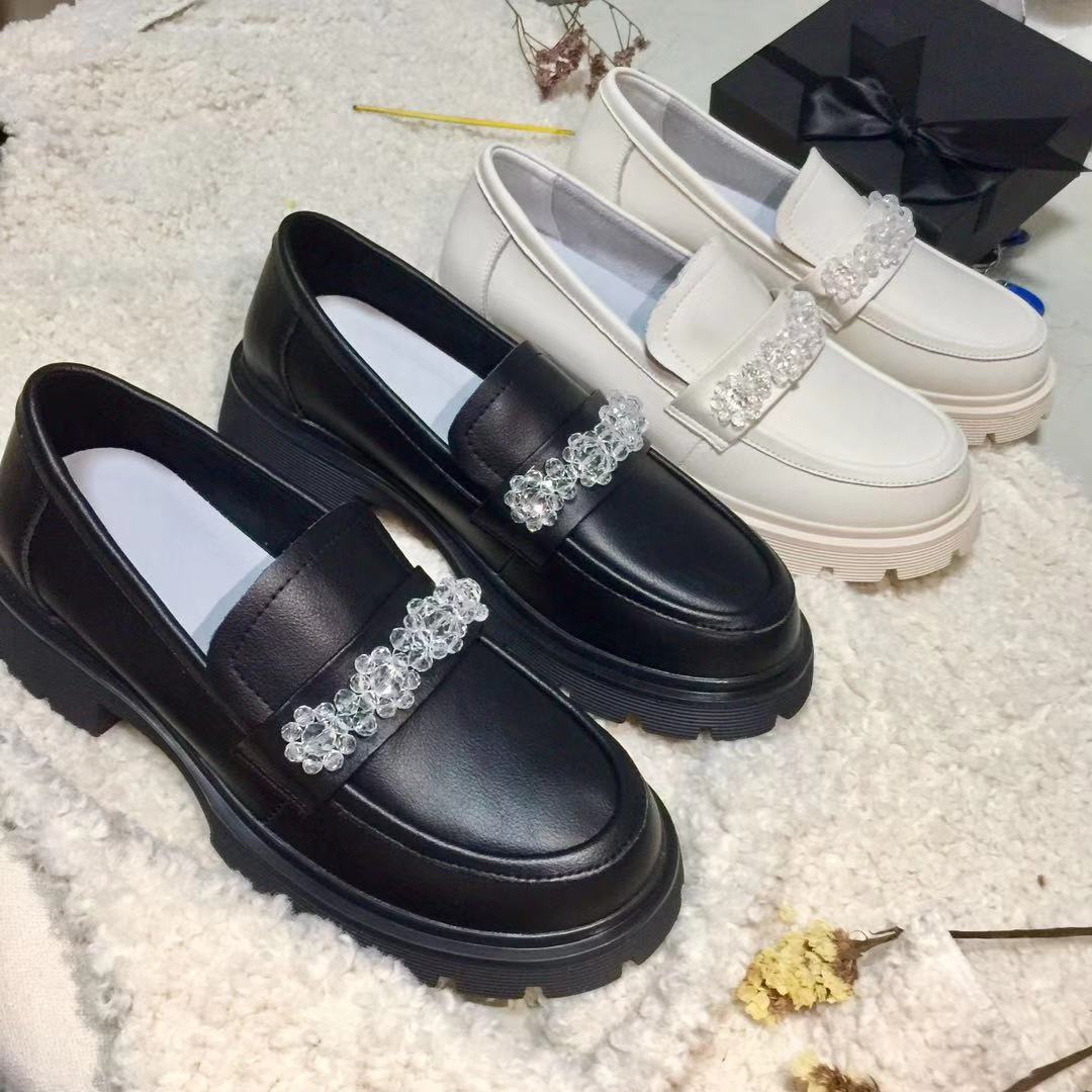 花花精选 高定秋季新款真皮休闲浅口一脚蹬粗跟玛丽珍女单鞋