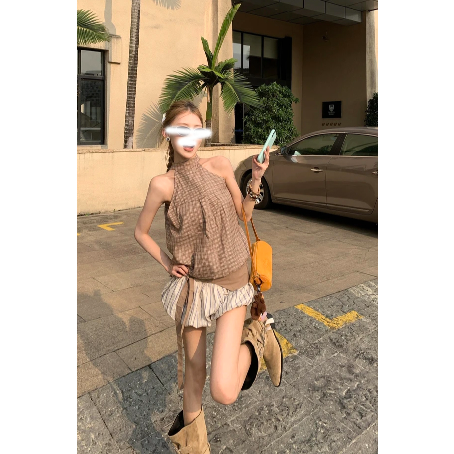 范智贤sister2026夏复古格纹挂脖上衣撞色花苞裙裤显瘦裙裤两件套