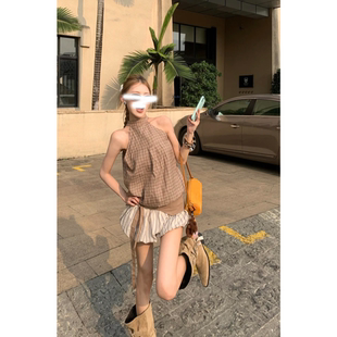 范智贤sister2026夏复古格纹挂脖上衣撞色花苞裙裤显瘦裙裤两件套