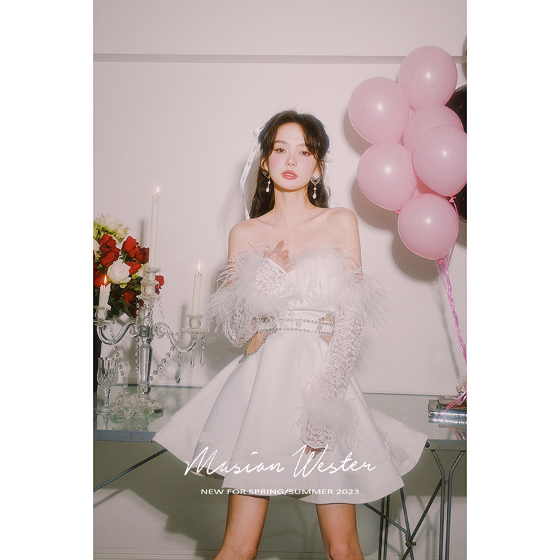 【品牌正品】MaisonWester款鸡尾酒派对羽毛蕾丝白色露背连衣裙