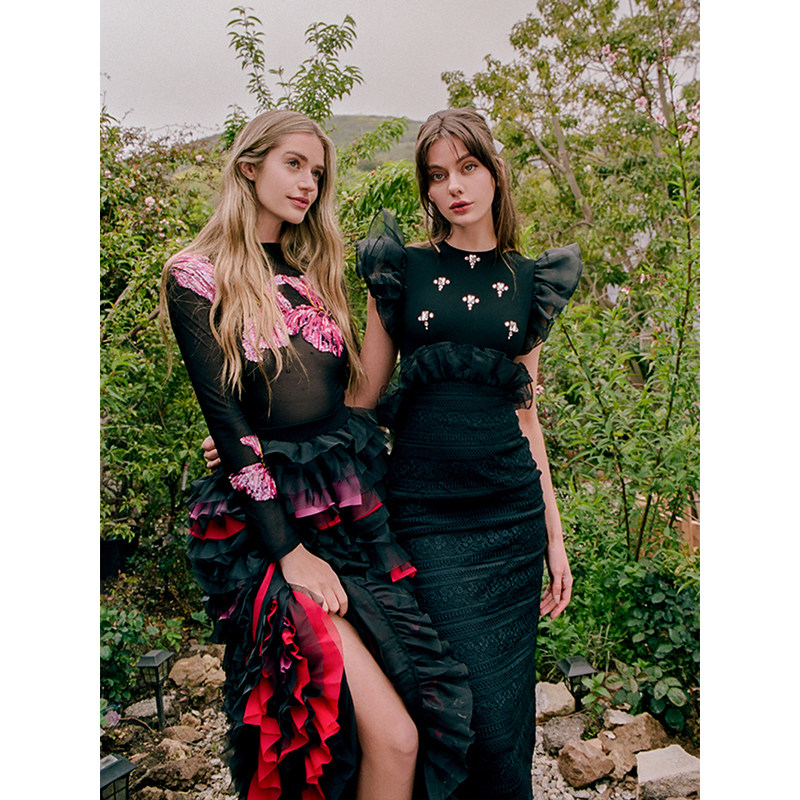 【品牌正品】MaisonWester花漾仙踪黑色钻花蕾丝欧根纱无袖连衣裙