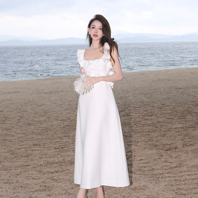 【品牌直发正品】MaisonWester度假苎麻露背荷叶边钉珠长裙连衣裙