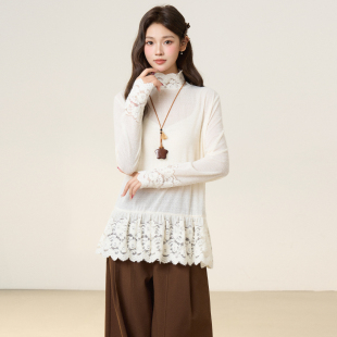 白色宽松韩系秋冬蕾丝花边下摆半高领磨毛加绒打底衫长袖内搭T恤