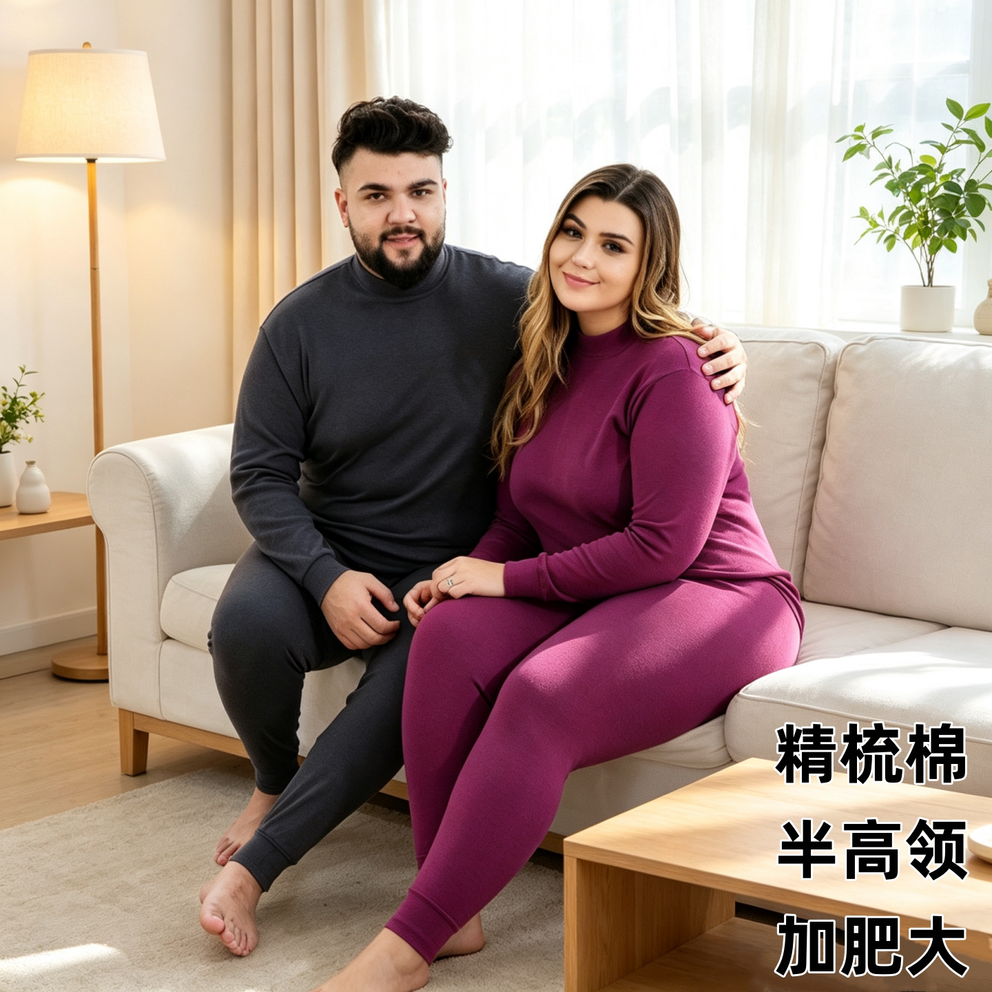 秋冬季纯棉中高领保暖内衣套装男女精梳棉特大码加肥加高秋衣秋裤