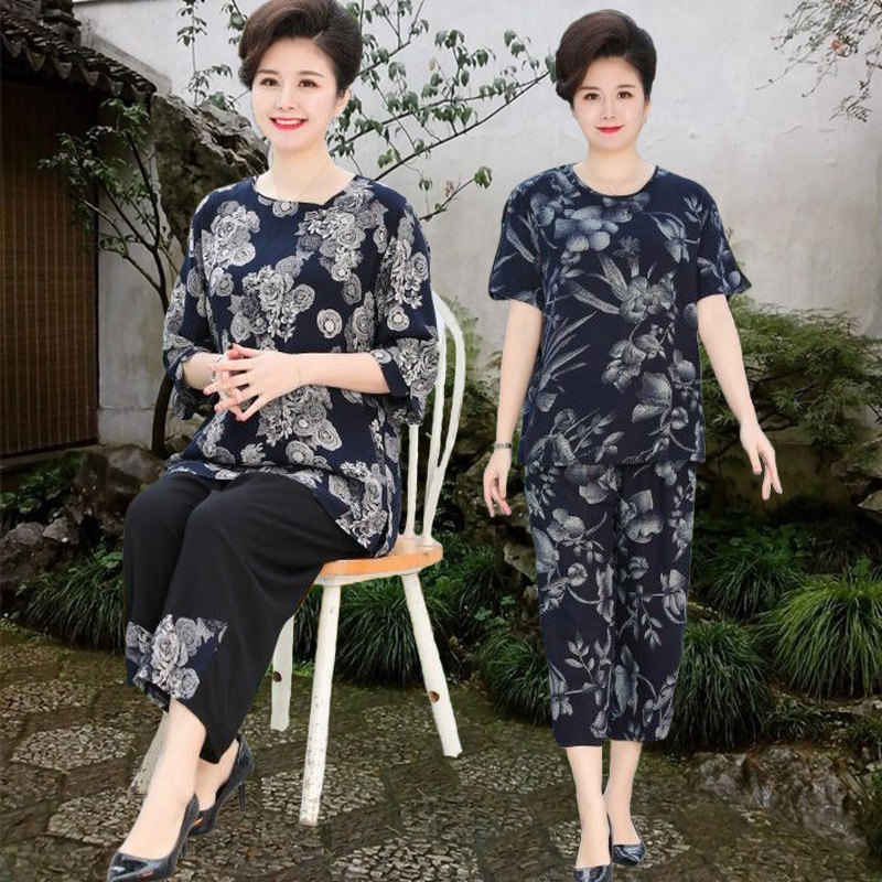 50岁60胖太太棉绸睡衣套装短袖7分裤中老年加大码200斤夏季家居服