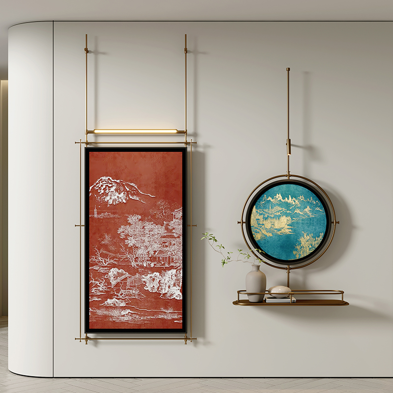 新中式金属杆氛围灯壁灯装饰画两幅挂画酒店餐厅吊杆走廊尽头挂画