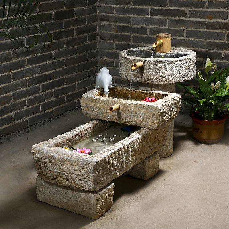 老石槽水景阳台流水景观石头鱼缸养鱼旧石器水槽户外庭院流水摆件