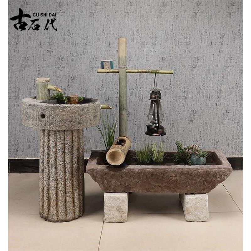 老石槽鱼缸竹流水组合景观旧石头造景石缸户外水景庭院水槽怀旧