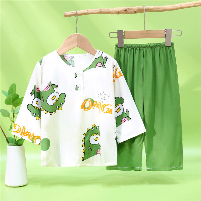 棒棒星儿童睡衣套装棉绸长款1-3-7-11岁男宝宝女孩卡通空调服家居