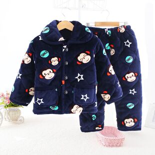 冬季三层夹棉加厚睡衣儿童睡衣男孩女孩中大童法兰绒家居服套装