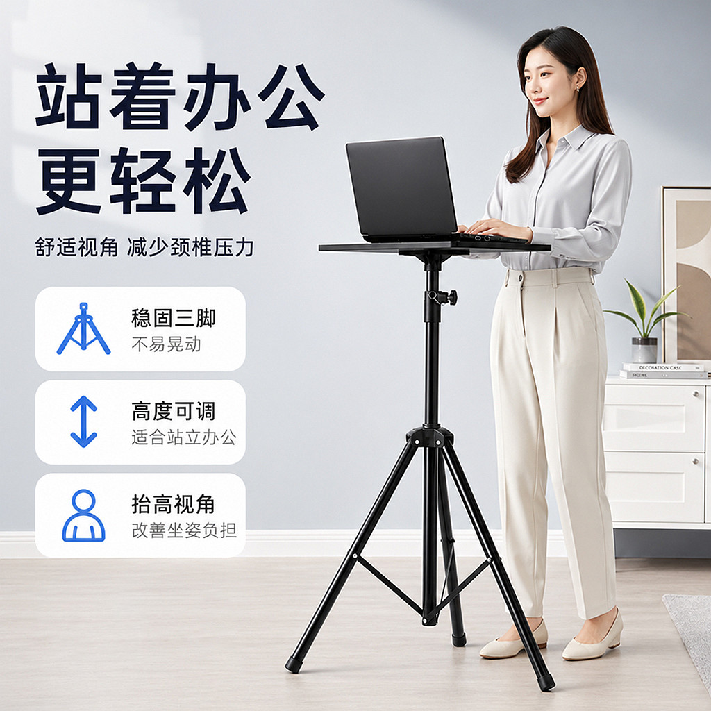 笔记本电脑支架站立式办公桌升降工作台电脑桌增高架直播木质台式桌竖立式床头上托架悬空落地图片