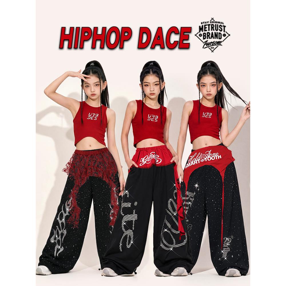 女童红色闪钻爵士舞服装女孩背心少儿jazz套装儿童街舞演出服潮装