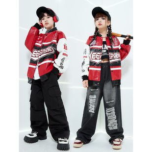 街舞儿童潮服嘻哈机车服皮衣夹克男童套装 演出服走秀女 hiphop童装